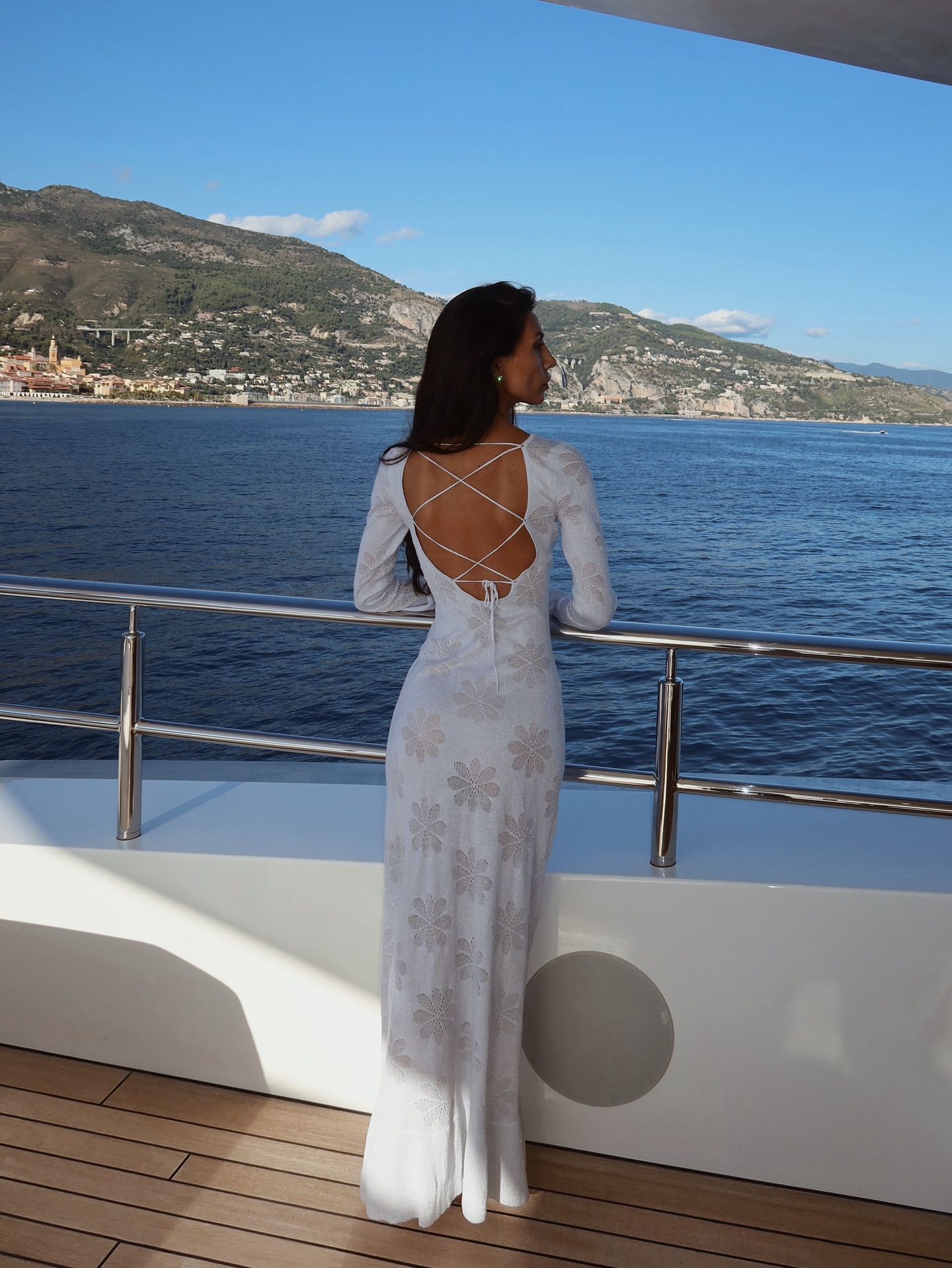 ETERNAL SPARK Yacht Charter White Dress Influencer on Deck (4)