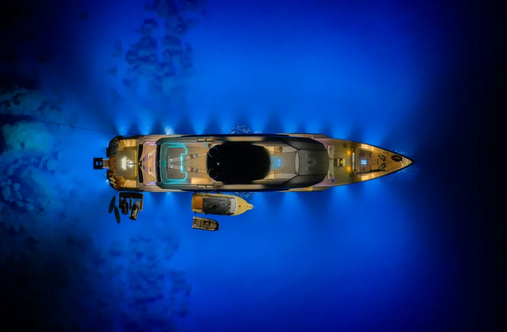 eternal spark yacht aerial view at night